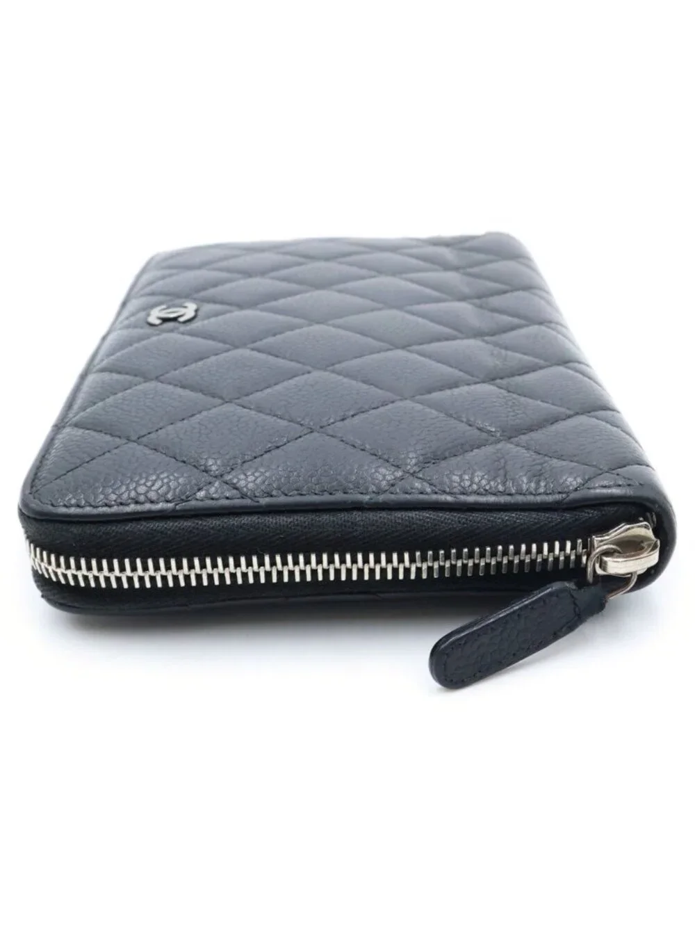 Chanel Quilted Round Zip Wallet Caviar Leather Silver Black
